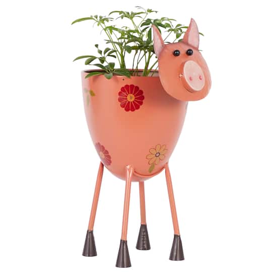 16" Pink Metal Eclectic Pig Planter